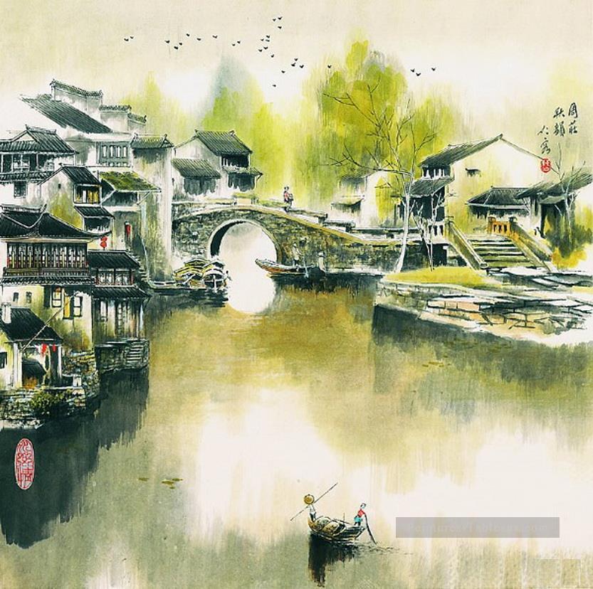 Cao renrong Parc de Suzhou et jonques chinoises Peintures à l'huile